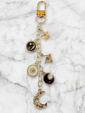 Celestial Gold Charm Keychain with Black Enamel Accents